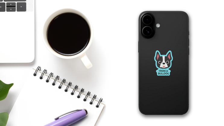 Blue French Bulldog Tongue Sticker on a Phone (New) example
