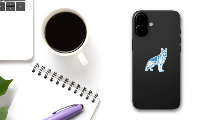 Blue German Shepherd Sticker on a Phone (New) example