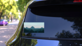 Blue Landscape With Mountains, Hills And Forest Sticker on a Rear Car Window (New) example
