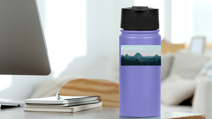 Blue Landscape With Mountains, Hills And Forest Sticker on a Water Bottle (New) example