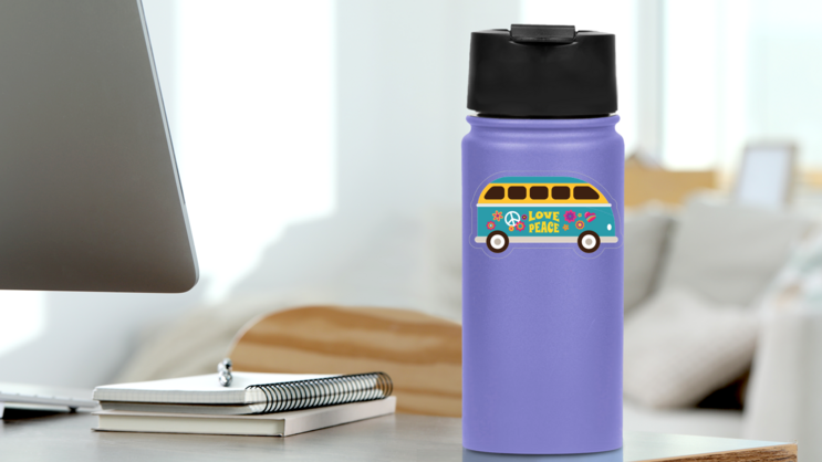 Blue Love and Peace Hippie Van Sticker on a Water Bottle (New) example
