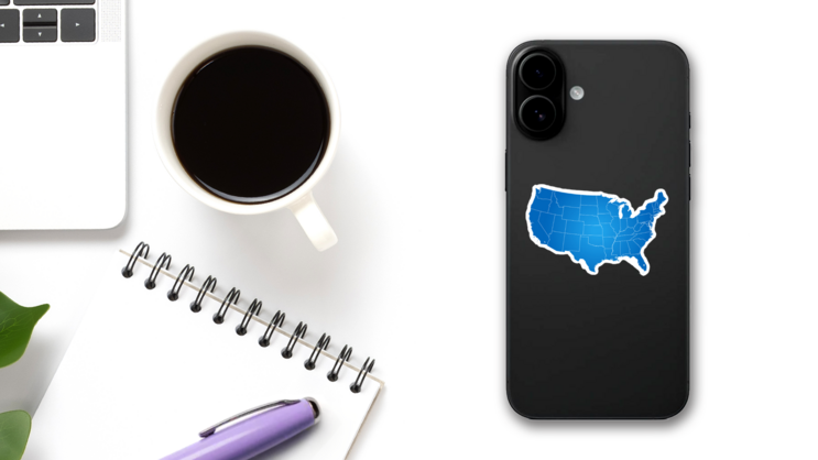 Blue Map Of USA Sticker on a Phone (New) example