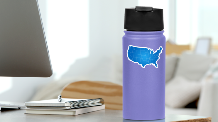 Blue Map Of USA Sticker on a Water Bottle (New) example