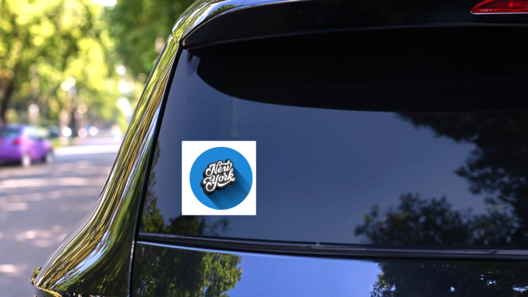 Blue New York RetroText Calligraphy Sticker on a Rear Car Window (New) example