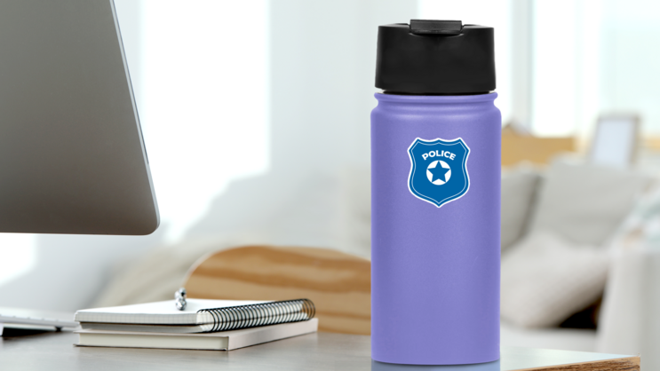 Blue Police Officer Badge Sticker on a Water Bottle (New) example