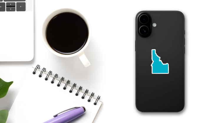 Blue Silhouette Of Idaho State Map Sticker on a Phone (New) example