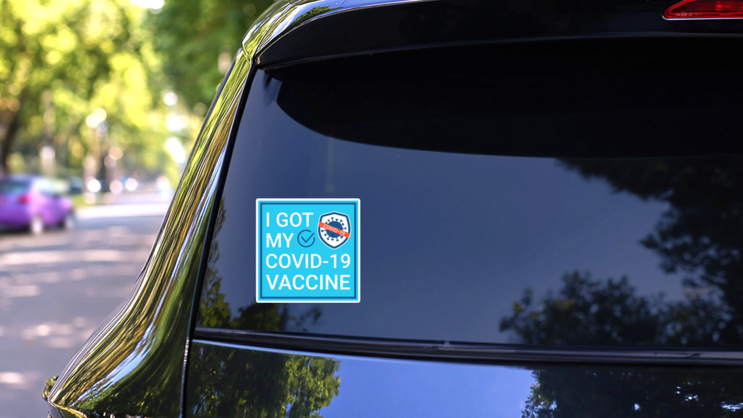 Blue Square Covid-19 Vaccine Sticker on a Rear Car Window (New) example