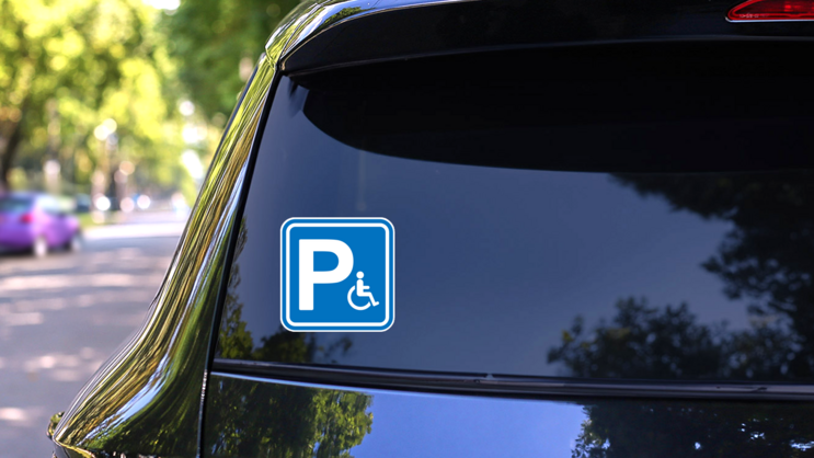 Blue Square Parking Sign Wheelchair Sticker on a Rear Car Window (New) example