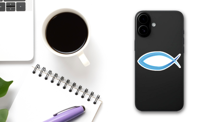 Blue Watercolor Christian Ichthus Fish Sticker on a Phone (New) example