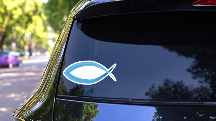Blue Watercolor Christian Ichthus Fish Sticker on a Rear Car Window (New) example