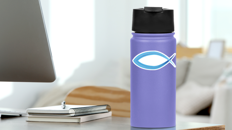 Blue Watercolor Christian Ichthus Fish Sticker on a Water Bottle (New) example