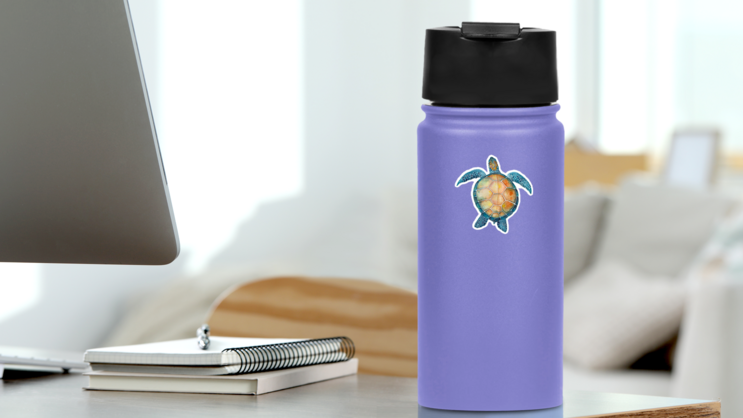 Blue Watercolor Sea Turtle Sticker on a Water Bottle (New) example