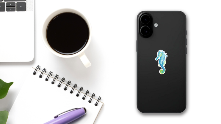 Blue Watercolor Seahorse Sticker on a Phone (New) example
