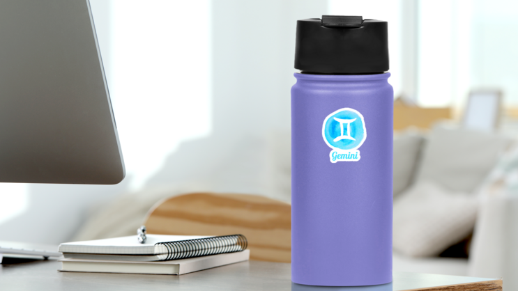 Blue Watercolor Zodiac Icon Sticker on a Water Bottle (New) example