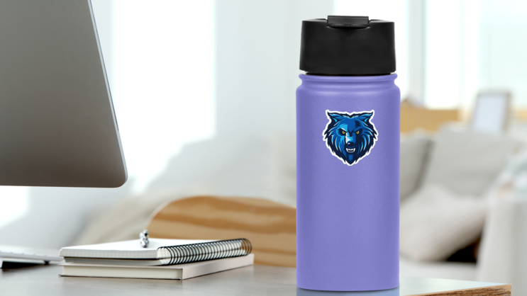 Blue Wolf Logo Mascot Sticker on a Water Bottle (New) example
