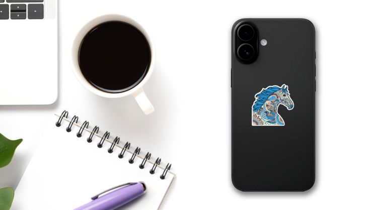 Blue Zentangle Horse Head Sticker on a Phone (New) example