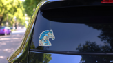 Blue Zentangle Horse Head Sticker on a Rear Car Window (New) example