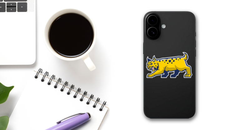 Blue/Yellow Bobcat Mascot on a Phone (New) example