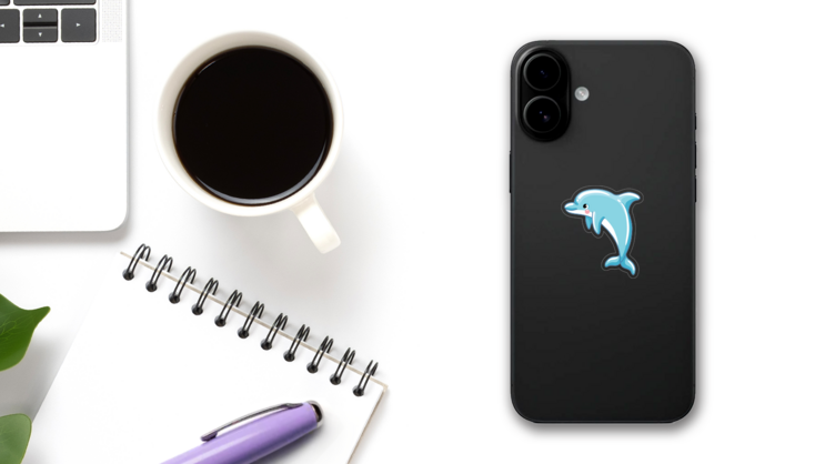 Blushing Blue Dolphin Sticker on a Phone (New) example