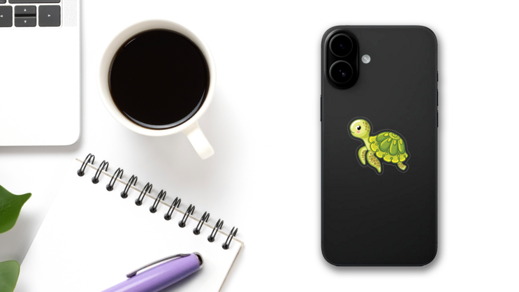 Blushing Green Turtle Sticker on a Phone (New) example