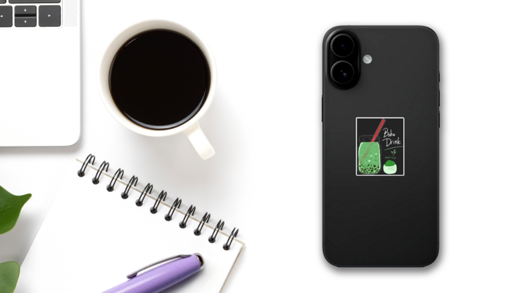 Boba Drink Matcha Flavor Sticker on a Phone (New) example