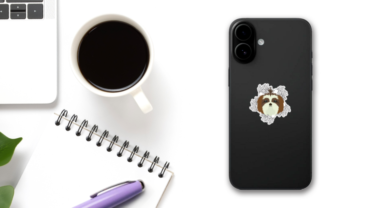 Boho Shih Tzu Sticker on a Phone (New) example