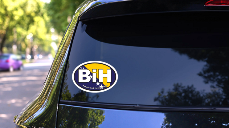 Bosnia Bih Flag Oval Sticker on a Rear Car Window (New) example