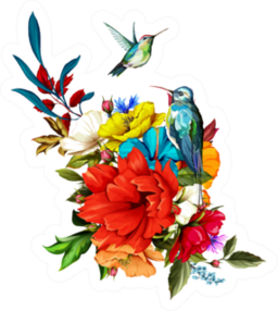 Bouquet Of Flowers With Roses, Poppy Flowers And Hummingbirds Sticker