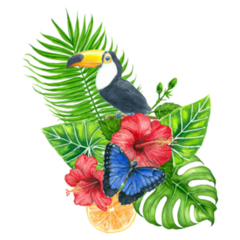 Bouquet Of Tropical Leaves, Hibiscus, Orange And Toucan Sticker