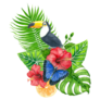 Bouquet Of Tropical Leaves, Hibiscus, Orange And Toucan Sticker