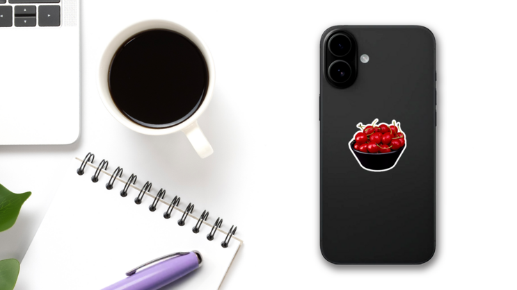 Bowl Of Cherries Sticker on a Phone (New) example