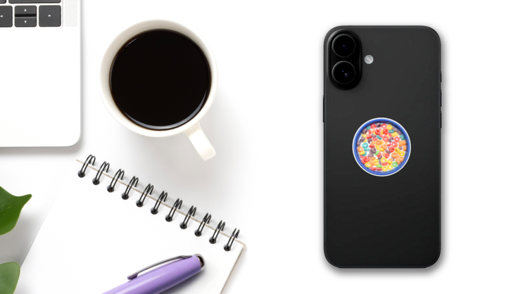 Bowl Of Colorful Childrens Cereal And Milk Sticker on a Phone (New) example