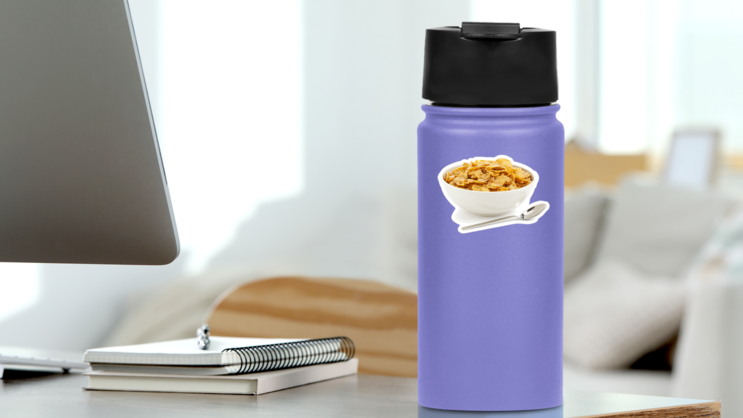 Bowl Of Sugar-coated Corn Flakes And Spoon Sticker on a Water Bottle (New) example