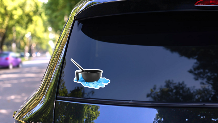 Bowl With Hair Dye Brush And Rubber Gloves Sticker on a Rear Car Window (New) example
