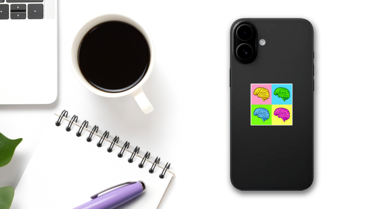 Brain Pop Art Four Illustrations Sticker on a Phone (New) example