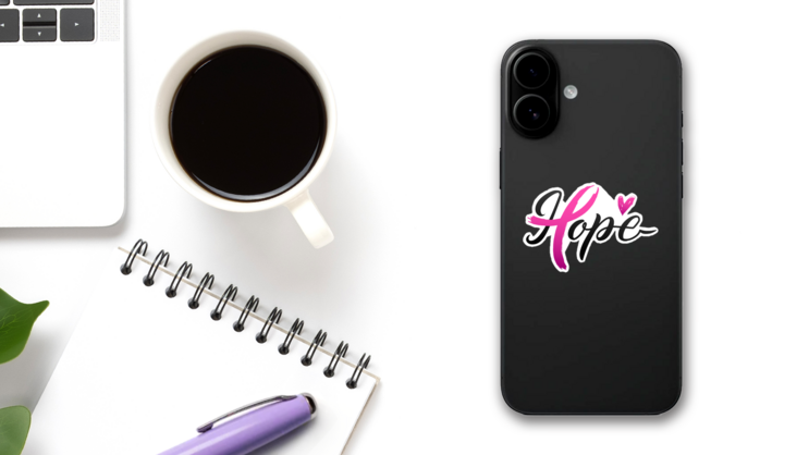 Breast Cancer Awareness Calligraphy Heart Sticker on a Phone (New) example