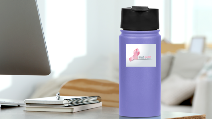 Breast Cancer Awareness Ribbon Background Sticker on a Water Bottle (New) example