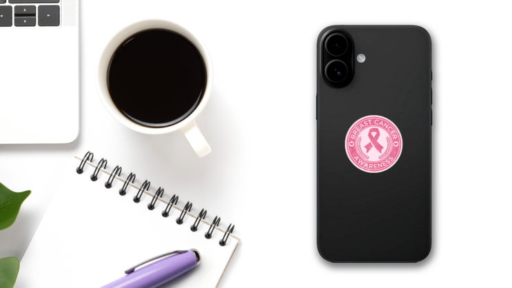 Breast Cancer Awareness Rubber Stamp Sticker on a Phone (New) example
