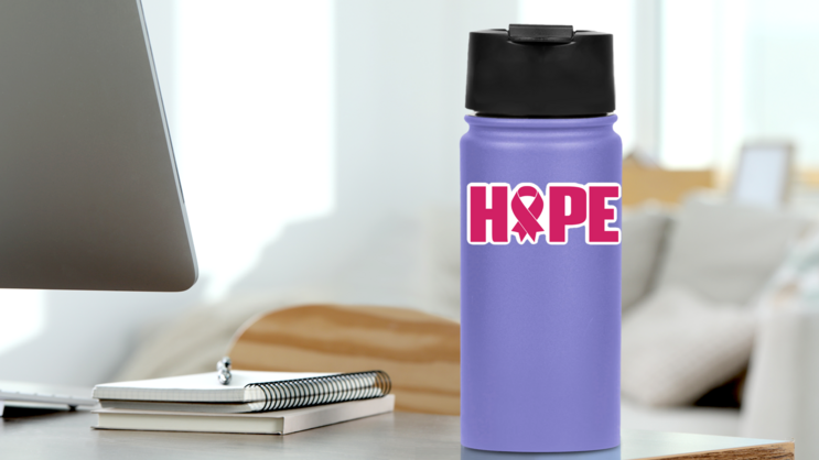 Breast Cancer Ribbon Hope Sticker on a Water Bottle (New) example
