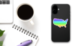 Bright Rainbow Pixel USA Map Sticker on a Phone (New) example