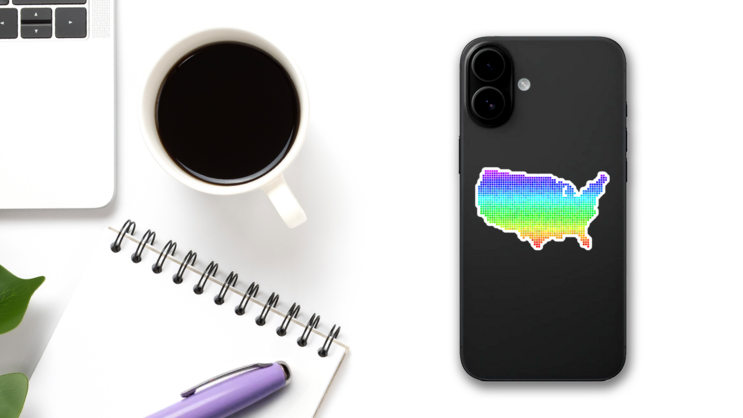 Bright Rainbow Pixel USA Map Sticker on a Phone (New) example