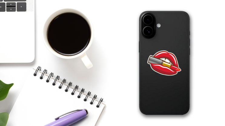 Bright Red Lipstick Sticker on a Phone (New) example