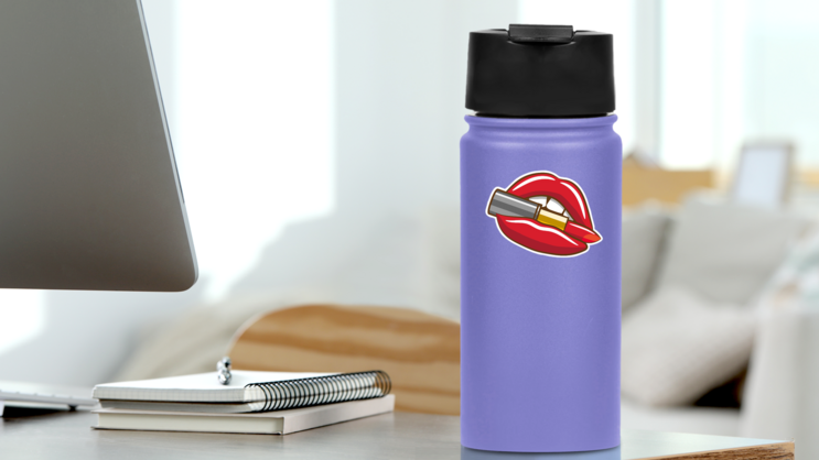 Bright Red Lipstick Sticker on a Water Bottle (New) example