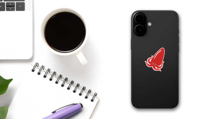 Bright Red Squid Logo Sticker on a Phone (New) example
