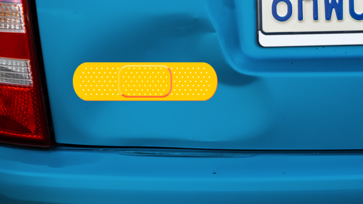 Bright Yellow Band Aid Bandage Sticker on a Dented Car example