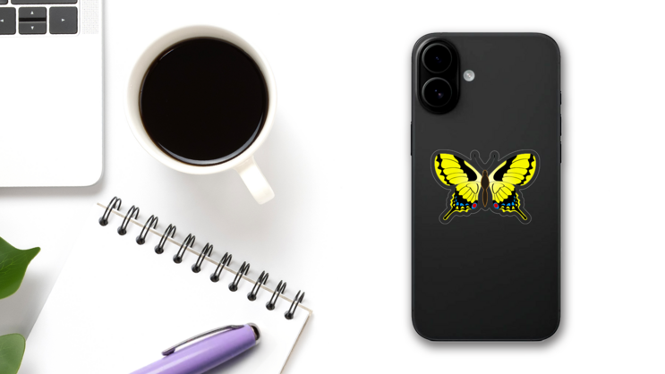 Bright Yellow Butterfly Sticker on a Phone (New) example