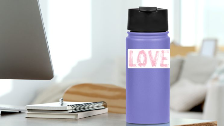 Brush Text Love Word Sticker on a Water Bottle (New) example