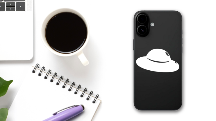 Bubbly Alien Spaceship Sticker on a Phone (New) example