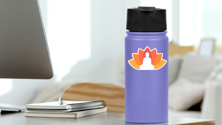 Buddha Illustrated With A Lotus Background Sticker on a Water Bottle (New) example