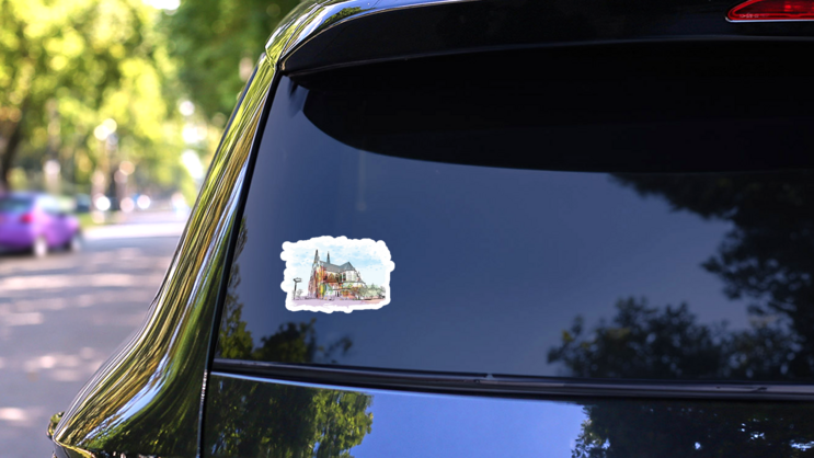 Building in Helena Montana. Watercolor Splash Sticker on a Rear Car Window (New) example